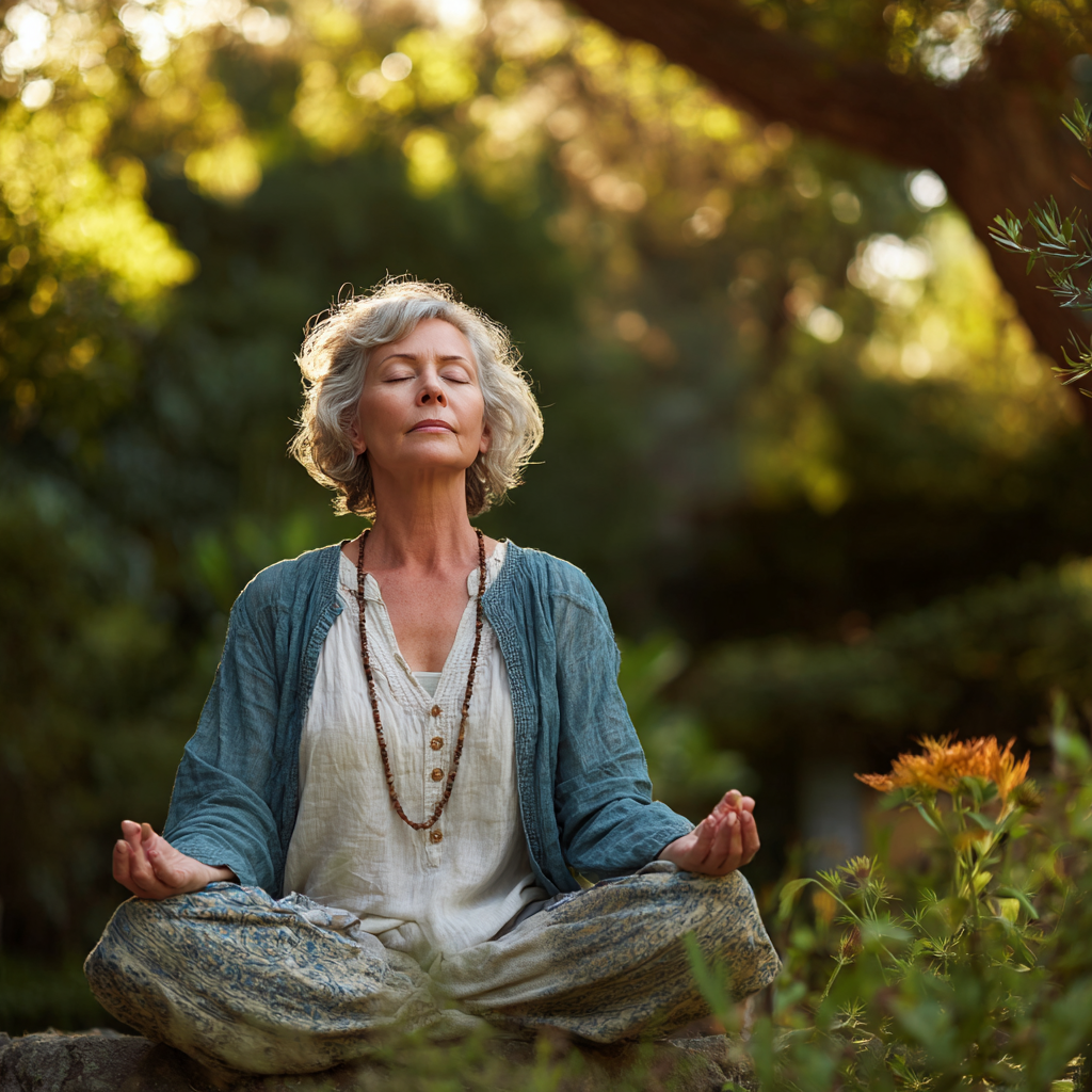 50 years old woman practicing meditation in peaceful garden setting with gentle natural lighting