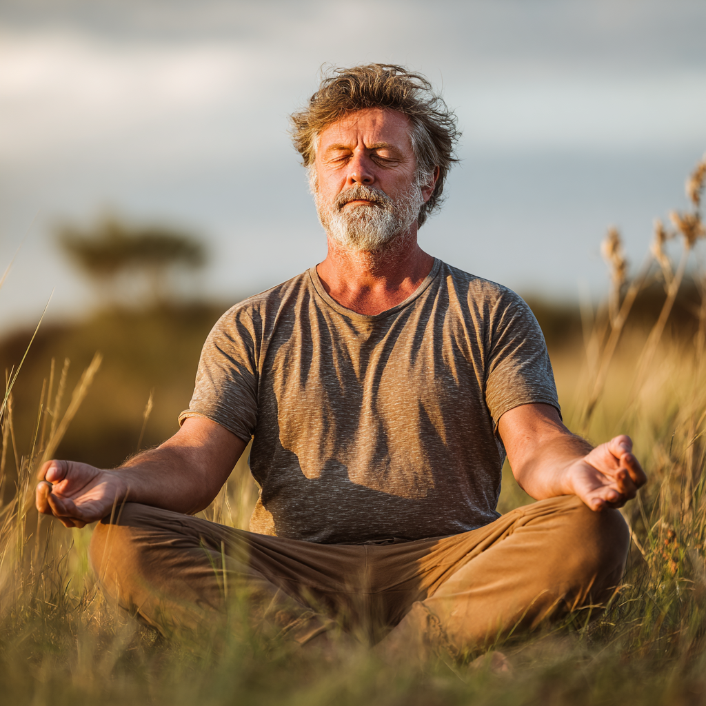 51 years old man in comfortable yoga pose outdoors surrounded by nature