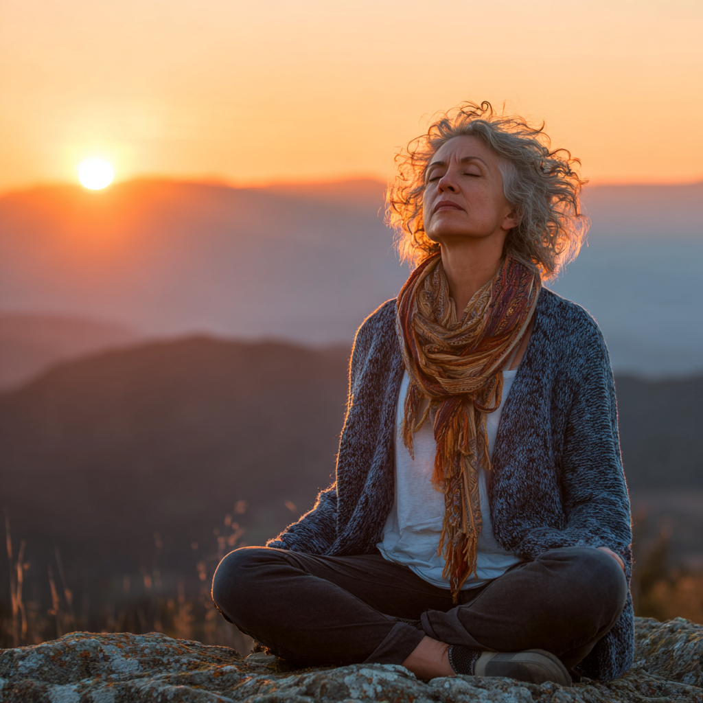 53 years old woman in meditation pose at sunset with peaceful mountain landscape