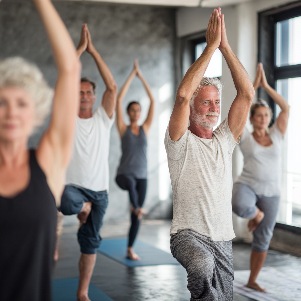 Group of 52 years old adults practicing yoga together in bright studio space